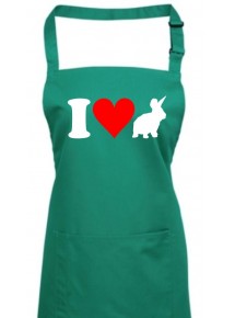 Kochschürze, Backen, Latzschürze, lustige Tiere I love Hase, Farbe emerald
