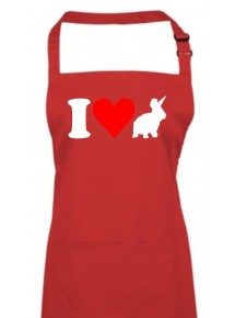 Kochschürze, Backen, Latzschürze, lustige Tiere I love Hase, Farbe rot