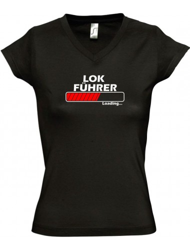 TOP sportlisches Ladyshirt mit V-Ausschnitt Lokführer Loading, Farbe schwarz, Größe L