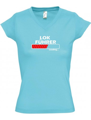 TOP sportlisches Ladyshirt mit V-Ausschnitt Lokführer Loading, Farbe tuerkis, Größe L