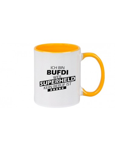 Kaffeepott Ich bin BUFDI, weil Superheld kein Beruf ist, Farbe gelb