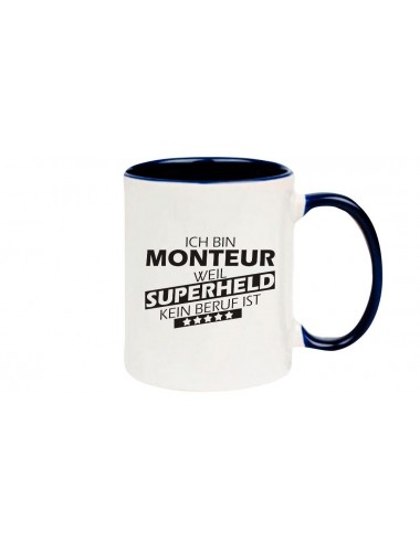 Kaffeepott beidseitig mit Motiv bedruckt Ich bin Monteur, weil Superheld kein Beruf ist, Farbe blau