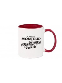 Kaffeepott beidseitig mit Motiv bedruckt Ich bin Monteur, weil Superheld kein Beruf ist, Farbe burgundy