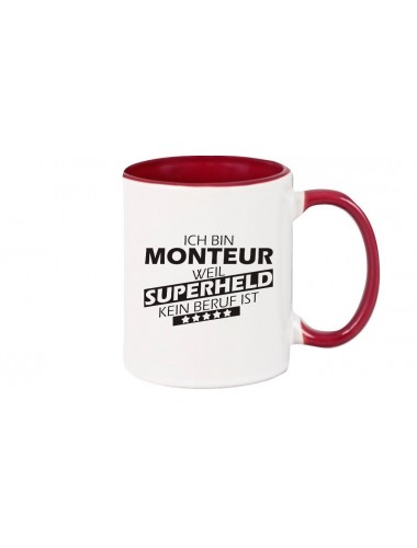 Kaffeepott beidseitig mit Motiv bedruckt Ich bin Monteur, weil Superheld kein Beruf ist, Farbe burgundy