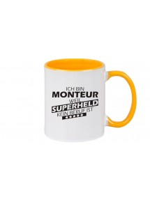 Kaffeepott beidseitig mit Motiv bedruckt Ich bin Monteur, weil Superheld kein Beruf ist, Farbe gelb