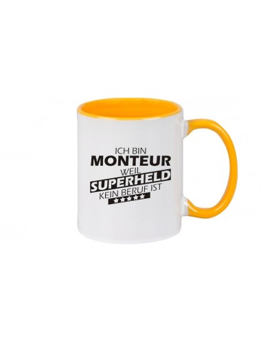 Kaffeepott beidseitig mit Motiv bedruckt Ich bin Monteur, weil Superheld kein Beruf ist, Farbe gelb