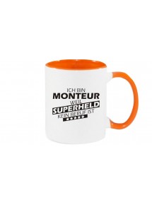 Kaffeepott beidseitig mit Motiv bedruckt Ich bin Monteur, weil Superheld kein Beruf ist, Farbe orange
