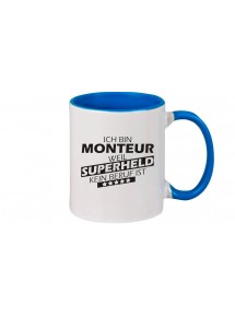 Kaffeepott beidseitig mit Motiv bedruckt Ich bin Monteur, weil Superheld kein Beruf ist, Farbe royal