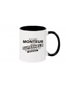 Kaffeepott beidseitig mit Motiv bedruckt Ich bin Monteur, weil Superheld kein Beruf ist, Farbe schwarz