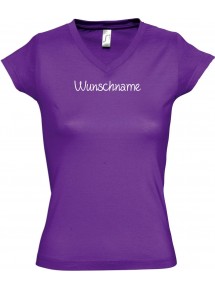 sportlisches Ladyshirt mit V-Ausschnitt mit deinem Wunschtext versehen, lila, L