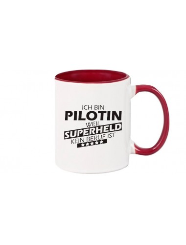Kaffeepott beidseitig mit Motiv bedruckt Ich bin Pilotin, weil Superheld kein Beruf ist, Farbe burgundy