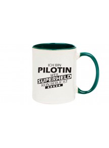Kaffeepott beidseitig mit Motiv bedruckt Ich bin Pilotin, weil Superheld kein Beruf ist, Farbe gruen