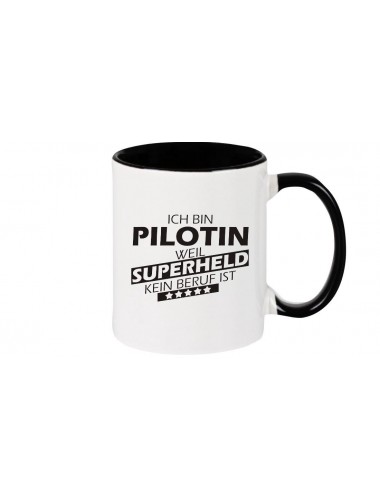 Kaffeepott beidseitig mit Motiv bedruckt Ich bin Pilotin, weil Superheld kein Beruf ist, Farbe schwarz