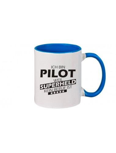 Kaffeepott beidseitig mit Motiv bedruckt Ich bin Pilot, weil Superheld kein Beruf ist, Farbe royal