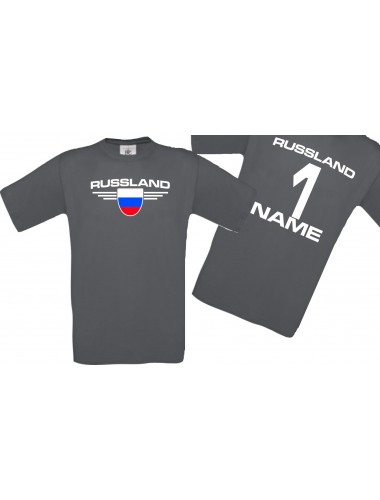Man T-Shirt Russland Wappen mit Wunschnamen und Wunschnummer, Land, Länder, grau, L