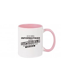 Kaffeepott beidseitig mit Motiv bedruckt Ich bin Informatiker, weil Superheld kein Beruf ist, Farbe rosa