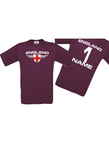 Man T-Shirt England Wappen mit Wunschnamen und Wunschnummer, Land, Länder, burgundy, L