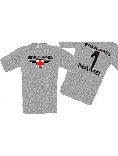 Man T-Shirt England Wappen mit Wunschnamen und Wunschnummer, Land, Länder, sportsgrey, L