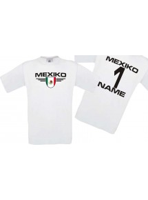 Man T-Shirt Mexico Wappen mit Wunschnamen und Wunschnummer, Land, Länder, weiss, L