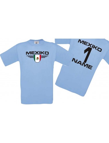 Man T-Shirt Mexico Wappen mit Wunschnamen und Wunschnummer, Land, Länder, hellblau, L
