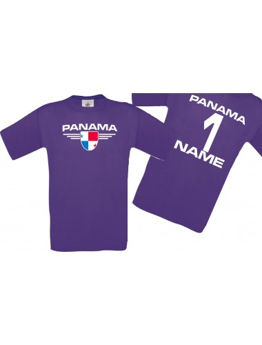 Man T-Shirt Panama Wappen mit Wunschnamen und Wunschnummer, Land, Länder, lila, L