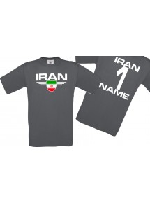 Man T-Shirt Iran Wappen mit Wunschnamen und Wunschnummer, Land, Länder, grau, L