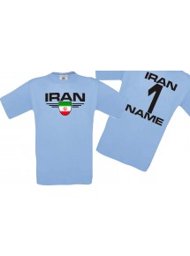 Man T-Shirt Iran Wappen mit Wunschnamen und Wunschnummer, Land, Länder, hellblau, L