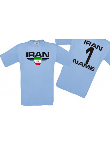 Man T-Shirt Iran Wappen mit Wunschnamen und Wunschnummer, Land, Länder, hellblau, L
