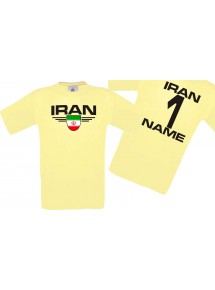 Man T-Shirt Iran Wappen mit Wunschnamen und Wunschnummer, Land, Länder, hellgelb, L