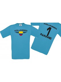 Man T-Shirt Kolumbien Wappen mit Wunschnamen und Wunschnummer, Land, Länder, türkis, L