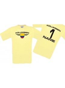 Man T-Shirt Kolumbien Wappen mit Wunschnamen und Wunschnummer, Land, Länder, hellgelb, L