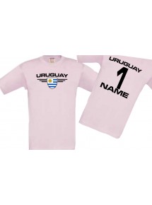 Kinder-Shirt Uruguay, Wappen mit Wunschnamen und Wunschnummer, Land, Länder, rosa, 104