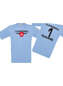 Kinder-Shirt Tunesien, Wappen mit Wunschnamen und Wunschnummer, Land, Länder, hellblau, 104