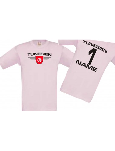 Kinder-Shirt Tunesien, Wappen mit Wunschnamen und Wunschnummer, Land, Länder, rosa, 104