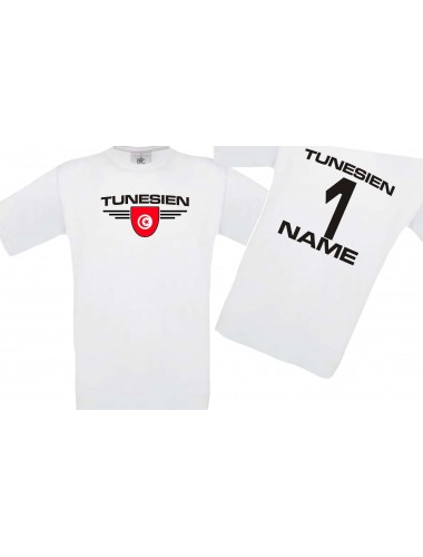 Kinder-Shirt Tunesien, Wappen mit Wunschnamen und Wunschnummer, Land, Länder, weiss, 104
