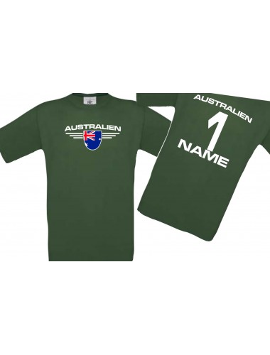 Kinder-Shirt Australien, Wappen mit Wunschnamen und Wunschnummer, Land, Länder, dunkelgruen, 104
