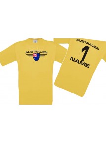 Kinder-Shirt Australien, Wappen mit Wunschnamen und Wunschnummer, Land, Länder, gelb, 104