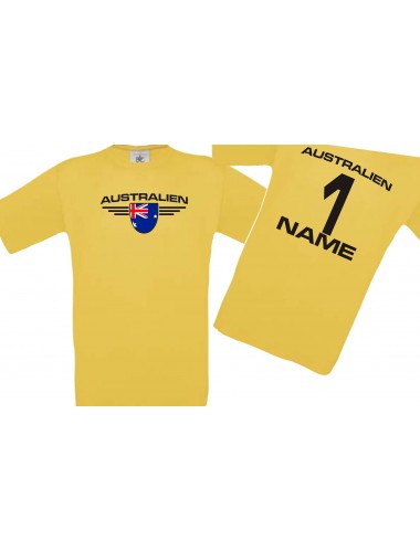Kinder-Shirt Australien, Wappen mit Wunschnamen und Wunschnummer, Land, Länder, gelb, 104