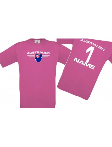 Kinder-Shirt Australien, Wappen mit Wunschnamen und Wunschnummer, Land, Länder, pink, 104