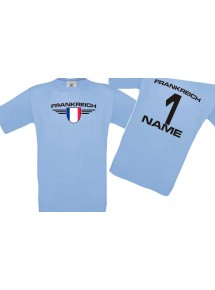 Kinder-Shirt Frankreich, Wappen mit Wunschnamen und Wunschnummer, Land, Länder, hellblau, 104