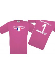 Kinder-Shirt Frankreich, Wappen mit Wunschnamen und Wunschnummer, Land, Länder, pink, 104