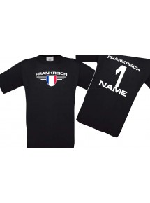 Kinder-Shirt Frankreich, Wappen mit Wunschnamen und Wunschnummer, Land, Länder, schwarz, 104