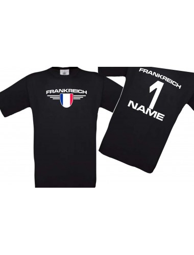 Kinder-Shirt Frankreich, Wappen mit Wunschnamen und Wunschnummer, Land, Länder, schwarz, 104