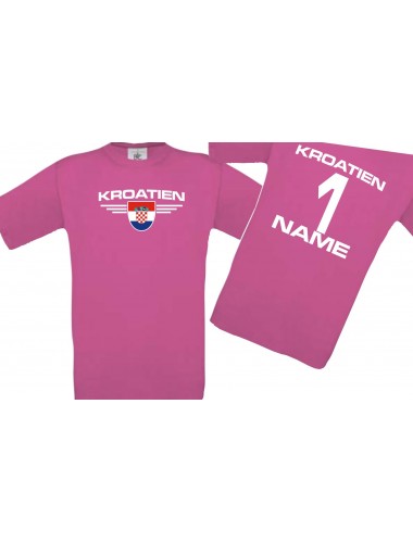 Kinder-Shirt Kroatien, Wappen mit Wunschnamen und Wunschnummer, Land, Länder, pink, 104