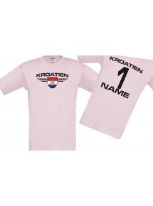 Kinder-Shirt Kroatien, Wappen mit Wunschnamen und Wunschnummer, Land, Länder, rosa, 104