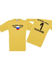 Kinder-Shirt Russland, Wappen mit Wunschnamen und Wunschnummer, Land, Länder, gelb, 104