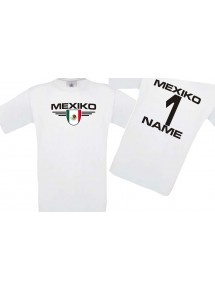 Kinder-Shirt Mexiko, Wappen mit Wunschnamen und Wunschnummer, Land, Länder, weiss, 104