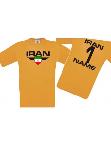 Kinder-Shirt Iran, Wappen mit Wunschnamen und Wunschnummer, Land, Länder, orange, 104