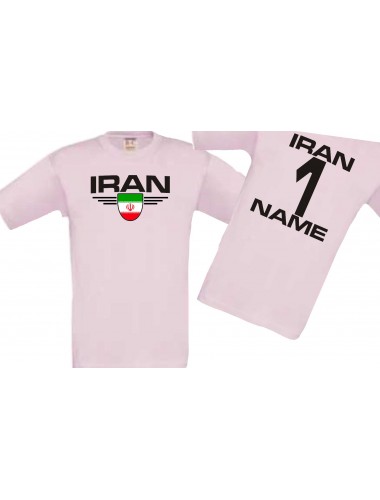 Kinder-Shirt Iran, Wappen mit Wunschnamen und Wunschnummer, Land, Länder, rosa, 104
