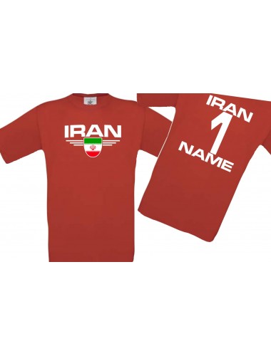 Kinder-Shirt Iran, Wappen mit Wunschnamen und Wunschnummer, Land, Länder, rot, 104